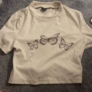 crop top beige with brown butterflies